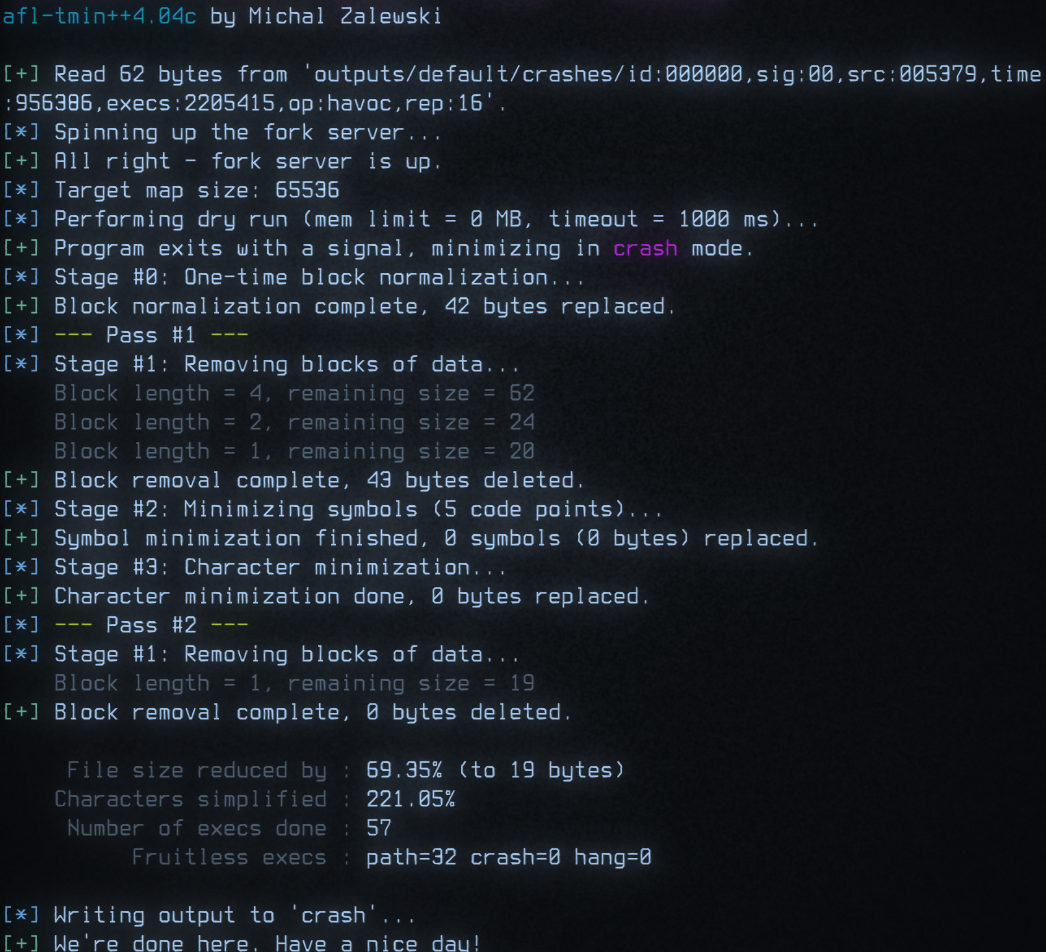 afl-tmin reduced the file size by 33.87%