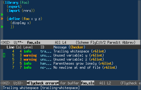 Screenshot of r6lint in Emacs